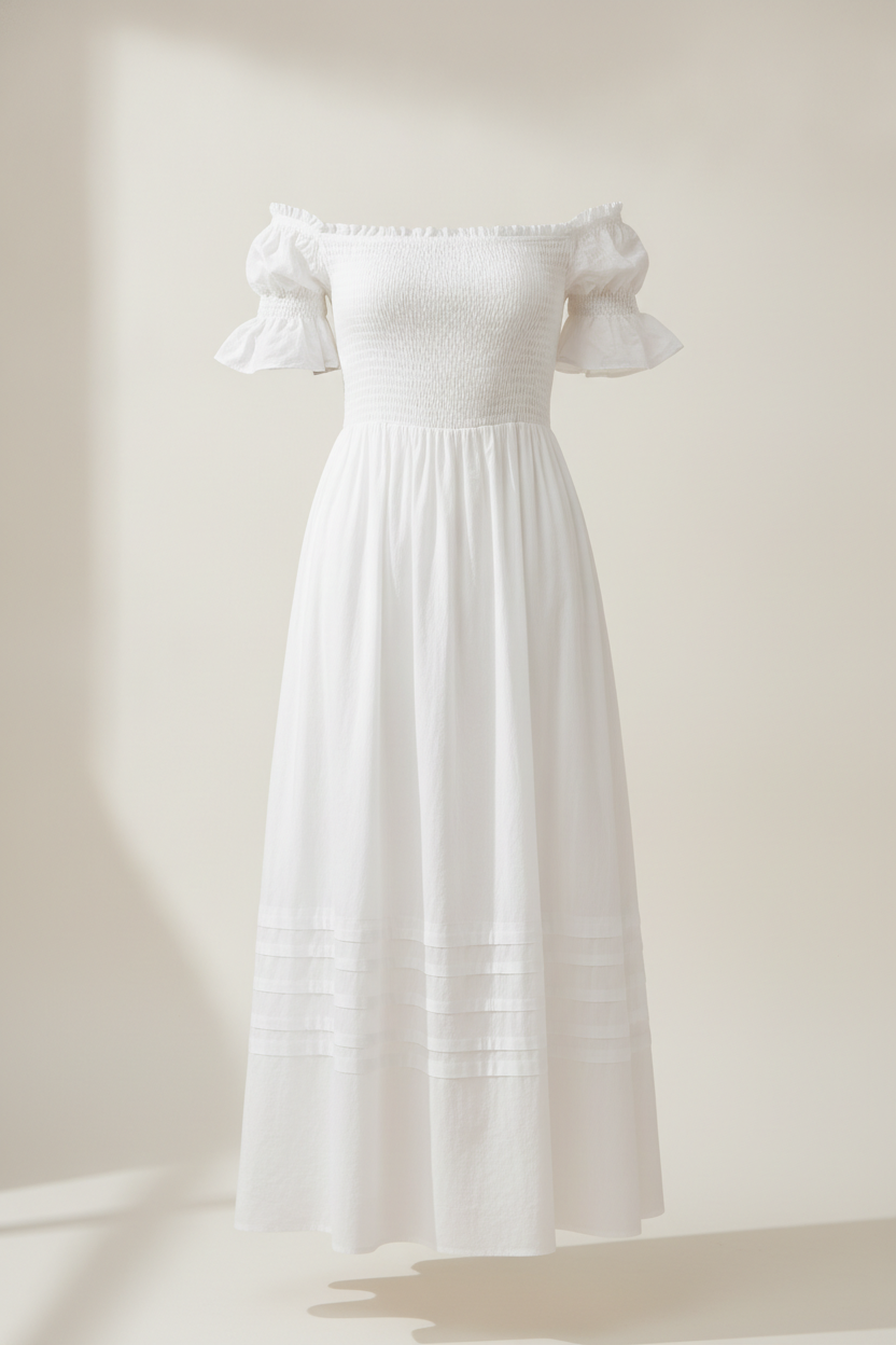 Off-shoulder cotton sundress in a bright minimal studio
