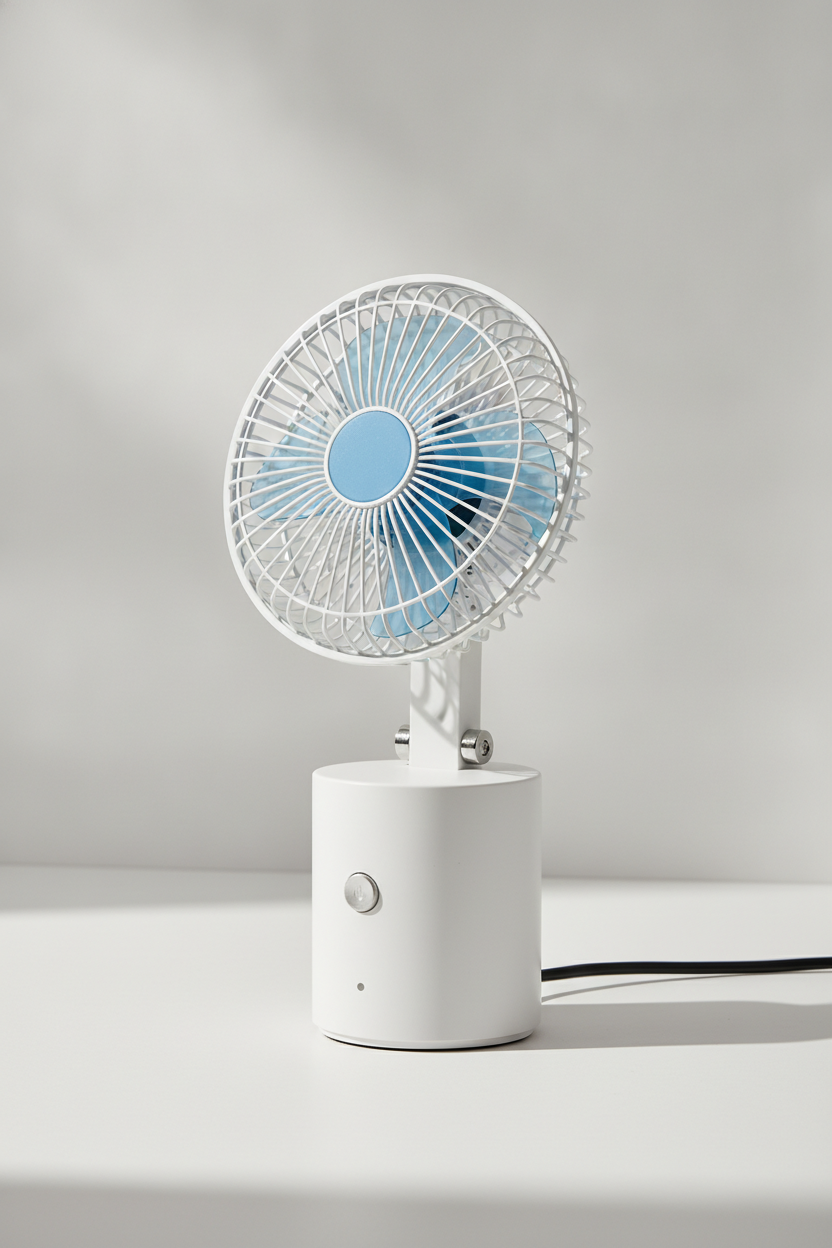 Quiet USB desk mini fan in a neutral studio setting